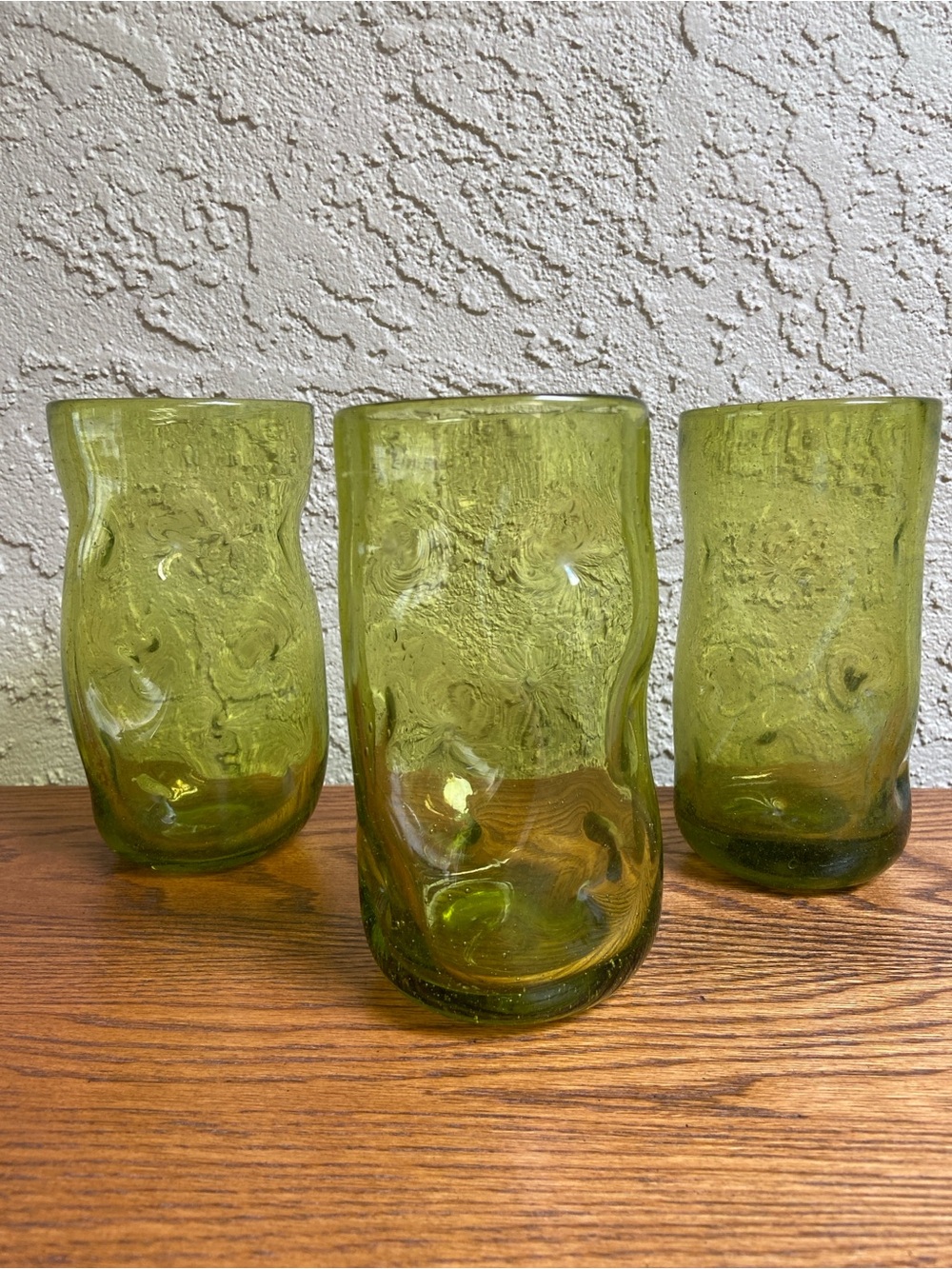 Blenko Vintage Mid Century Hand Blown 6” Dimple Tumblers Chartreuse 16 oz